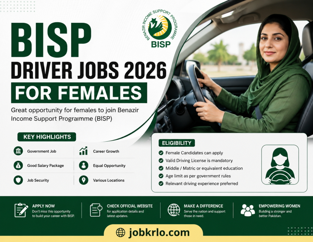 BISP Driver Jobs 2026 for Females | Latest Recruitments Apply Online in Benazir Income Support Programme